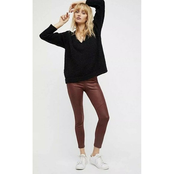 Free People Faux Suede Leather Pull-On Skinny Pants, Burgundy Women's Size 26 - Picture 2 of 15